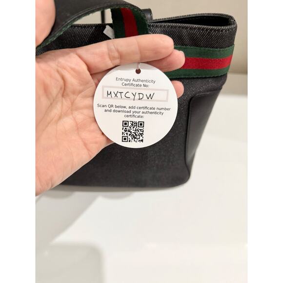 VTG Gucci Web Striped Sherry Line Denim Leather Tote Handbag Dark Blue/Green/Red - Picture 10 of 13